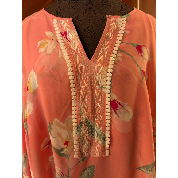 Belle Kim Gravel Floral Sheer Pink Bell Sleeve Tunic Embellished V-Neck 2X - Picture 3 of 6
